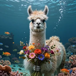 beautiful mysterious balinese llama animal, hair flowing upwards, small bubbles from her mouth, hands hidden under the bouquet, submerged underwater filled with colorful small fish and coral reef, fantasy, regal, intricate, by stanley artgerm lau, greg rutkowski, thomas kinkade, alphonse mucha, loish, norman rockwell
