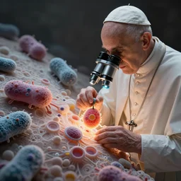 microscope photo of the pope undergoing cell division, holy mitosis, hd microscopy, bacterium in a pope hat