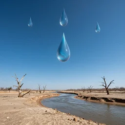 beautiful panorama of a perfect cloudless blue sky full of many magnificent big upside-down raindrops above a dried up river, desolate land, dead trees, blue sky, hot and sunny highly-detailed, elegant, dramatic lighting, artstation, 4k, cinematic landscape, masterpiece photograph by Elisabeth Gadd, National Geographic