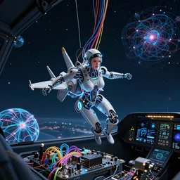 dark virtual cockpit. foreground : a beautiful robot fighter pilot is battling, suspended by luminous intricate organic and colorful electric cables and wires and fiber to the jet cockpit computer motherboard, experiencing the quantum field cinematic highly detailed realistic beautiful cosmic neural network o