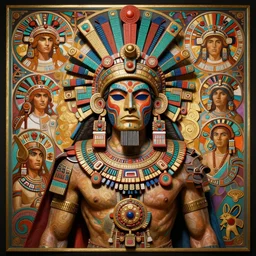 ancient aztec warrior god king highly detailed portrait concept art, aztec folklore symbols, doom, artgerm, alphonse mucha, maxim sukharev, alexey egorov, kilian eng, majestic, masterpiece, psychedelic, vibrant, trending on cgsociety, octane render, 8 k