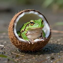 small green frog dressed up in a protective coconut shell, in the style of claude monet
