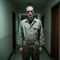 man in jumpsuit with deformed face standing in a dimly lit hallway