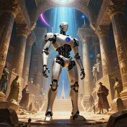 a highly detailed full body portrait of an ai robot in a big and structured ancient crypt of a fantasy big and structured ancient civilisation city inspired by ancient rome with a portal to outer space 4 k digital art anime unreal engine trending on artstation, max ernst leonardo da vinci, sandro boticelli, vivid lights, god rays