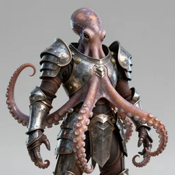 an octopus wearing custom fitted armor, heavy plate armor, realistic octane render, high detail