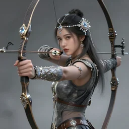 beautiful extremely detailed intricate concept art depicting an archer by wlop. shining jewelry. grey atmosphere. particles in the background. bcy. net