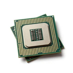 sleek cpu processor chip, photorealistic, isolated on a pure white background, centered, entire object in frame, sharp focus, soft studio lighting