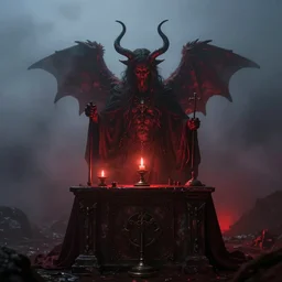 photograph of a satanic altar, scary, lucifer, red ligths, 1 9 1 6, fog, atmospheric
