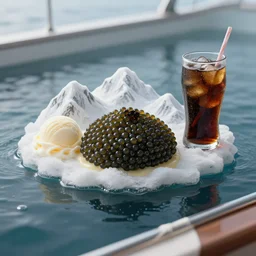 an island made of caviar, mountains made of ice cream, coke water ( dark brown water ), photo taken from a boat, 3 5 mm, cinematic