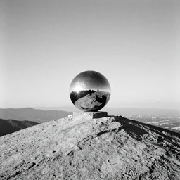 3 5 mm photo of a chrome blob on a mountaintop summit, photography b & w grainy exposed film