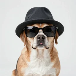 a really cool dog wearing sunglasses and a hat, sigma 24 35mm, high qualitt