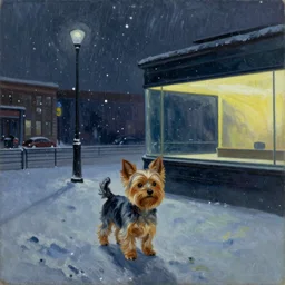 A yorkie at night in the world of Edward Hopper, stormy snowy weather, streetlights, extremely detailed masterpiece, oil on canvas, low-key neon lighting, artstation, Blade Runner 2049, Roger Deakin’s cinematography, by J. C. Leyendecker and Peter Paul Rubens,