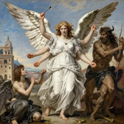 renaissance painting of a beautiful terrifying multi armed angel woman clothed in white lace linen fighting against satan with a roman town in the background by frank frazetta, charlie bowater, magali villeneuve, j. c. leyendecker, ultra realistic, 4 k, photo realistic, volumetric lighting,