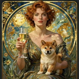 charlize theron with glass of champagne in her hand and a shiba inu puppy on her lap. art nouveau. art by mucha