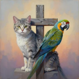 painting of cross between cat & parrot, intercrossed animal, by zdzislaw beksinski, by tiffany bozic, logical anatomy, cold hue's, warm tone gradient background, concept art, beautiful composition, digital painting,