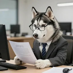 photo of a husky dog!! in a suit and glasses, reading a document at a desk in an office. Highly detailed 8k. Intricate. Sony a7r iv 55mm. Award winning.