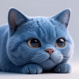 hyperrealistic detailed close-up 3d render of a sad cute blue cat with round puppy eyes sharp cinematic lighting vray 8k low angle shallow depth of field