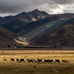 beautiful Peruvian Andean landscape with herd animals