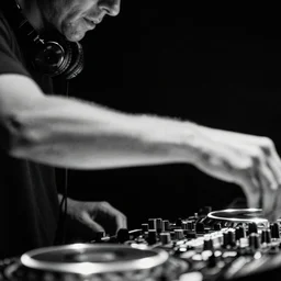 close - up of blurry jeff mills djing with his elbow stretched to the right, monochrome fade filter, slight inverted colors filter, black background, low angle