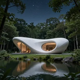 futuristic organic white concrete house in the middle of a lush forest at night, a beautiful lake next to it, starry sky