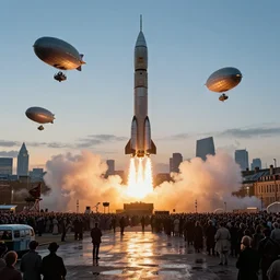 wet - plate - photo victorian retro future space rocket, launching ceremony huge crowd, at spaceport airships in sky clear, twilight london circa 1 8 8 8 skyline background, water ivan aivazovsky. realistic details, cinematic atmosphere,