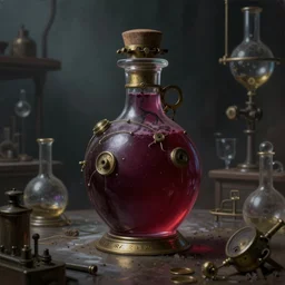 a painting of a steampunk burgundy potion bottle in a dark dusty vintage science lab, by h. r. giger, hyperrealistic fantasy art, concept matte, ethereal, dreamy, digital art, trending on artstation, volumetric cinematic lighting