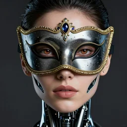 A close-up portrait of a beautiful female cyborg wearing a venetian masquerade mask, exposed inner structure, glowing eyes, wlop, trending on artstation