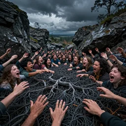 Hundreds of humans , emerging hands and beautiful women’s and men screaming laughing and crying face , inside huge dark wet mycelium biodiversity all round , dramatic dusk illuminate detailed entangled fibres carpet the fallen rocks , tree roots puncture and crack rocks , stormy clouds gather in the distance , full colour , upscale , 8k