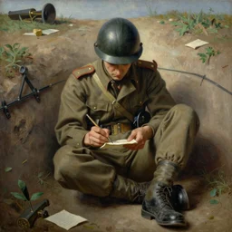 a beautiful painting of an italian soldier from world war 2 sitting in the trench, writing a letter, de chirico