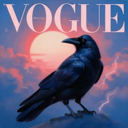 3 d, sci - fi, morning, raven bird, sun, cinematic, lightning clouds, vogue cover style, light red and deep blue mood, realistic painting, intricate oil painting, high detail, figurative art, multiple exposure, poster art, 3 d, stanley kubrick, by tooth wu and wlop and beeple and greg rutkowski. black dress.