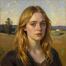 Elle Fanning as an Android, head and shoulders, oil on canvas, golden hour, in the world of Andrew Wyeth, artstation, by J. C. Leyendecker and Peter Paul Rubens,
