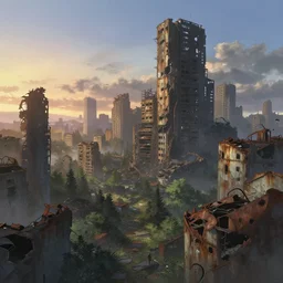 a post - apocalyptic destroyed ruined rusted city at dawn, a fantasy digital painting by makoto shinkai, trending on artstation, highly detailed