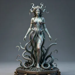 photo of the beautiful gorgon medusa standing on dais by hiroko sakai and kago shintaro, ultrarealistic, photorealistic, 8 k render, octane render, unreal render