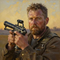 chris kyle by leroy neiman, intricate, ultra detailed painting, atmospheric lighting, golden hour