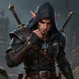 portrait of a trouble - making half elf thief wearing thief pick - pocketing accessories and clothes by greg rutkowski, digital art, trending on artstation, hd, 8 k, highly detailed, good lighting, beautiful, epic, masterpiece