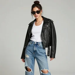 this model is wearing the latest in avant garde fashion. she has on a pair of ripped jeans with a hole in the knee, a white tank top, and a black leather jacket. her hair is styled in a messy bun, and she is wearing a pair of black sunglasses.