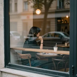 looking through the window of a cafe from the outside, girl sitting at a table inside, street reflections on the window, street photography