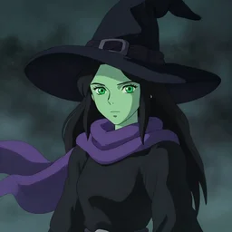 young female witch with green skin wearing a black witch hat, jet black hair, bright green eyes and pale greenish skin, simple black dress, purple scarf wrapped around her neck, detailed perfect face, exquisite details, mid view, design on a dark foggy background, by studio muti, greg rutkowski makoto shinkai takashi takeuchi studio ghibli