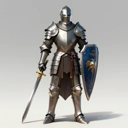 digital art of strong knight wearing plate armor, holding weapon and shield, standing upright, full body