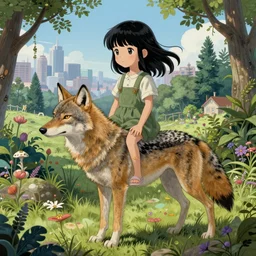 a single coyote warns a single innocent black haired girl of quantum apocalyse. intricate, 8 k detail, painted anime cinematic, matte sharp painting, pastoral backyard setting, city view in the distance, ultrafine hyperdetailed illustration, hyperrealism, glamorous sci - fi poster, whimsical botanical illustration, anime girl