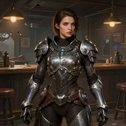 hyper detailed ultra sharp character portrait of a woman wearing hextech armor standing in a destroyed dive bar, with a realistically proportioned face, cinematic lighting, good value control, smooth, realistic shading, realistic face details, smooth, highly detailed, digital painting, concept art, painted texture maps, illustration, art by studio fortiche, painted texture maps, substance painter, action pose