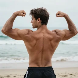 handsome man flexing back muscles on the beach, seen from the back, herculean, bulging muscular figure, beautiful gigachad, soft lighting, highly detailed face, sharp focus, artstation, sophie anderson, arnold armitage, loish, thomas kinkade