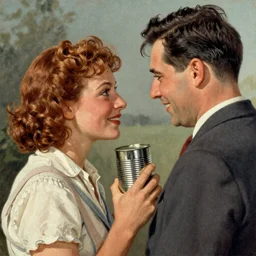 “stunning, highly detailed portrait, very detailed, couple, from behind, from side, holding tin can, color vintage magazine illustration 1950”
