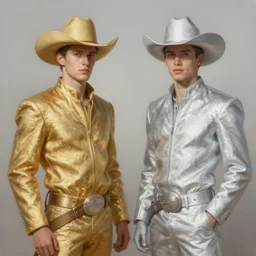 a dramatic ethereal epic symmetrical painting of handsome cowboy twins | one is gold and one is silver | tarot card, art deco, art nouveau, (steampunk), homoerotic, realistic | by Mark Maggiori and ((((Alphonse Mucha))) | trending on artstation