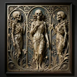 detailed realistic memento mori by austin spare, gothic ornament, skulls, bones, art nouveau, neogothic, ornate art nouveau botanicals, horizontal symmetry