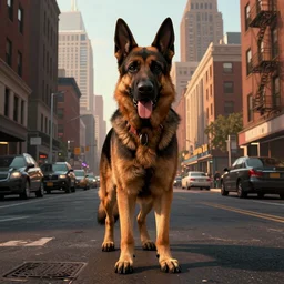 the german shepherd of i am legend in new york, comic style of max payne, octane render, unreal engine, sundown, empty streets