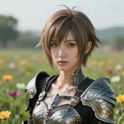 character portrait of an au ra woman with a pixie cut and dragon scales adorning the skin standing in a field of flowers wearing armor, final fantasy xiv, octane render, a realistically proportioned face, photorealistic eyes, good value control, smooth, realistic shading, realistic face details, illustration, substance painter, very highly detailed