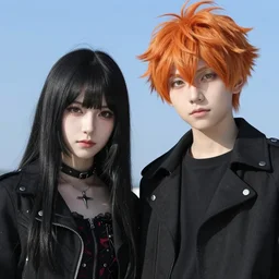 orange - haired anime boy, 1 7 - year - old anime boy with wild spiky hair, standing next to 1 7 - year - old pale - skinned persian girl with black hair long bob cut, long bangs, black gothic jacket, ultra - realistic, sharp details, subsurface scattering, blue sunshine, intricate details, hd anime, 2 0 1 9 anime