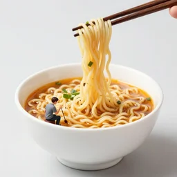 a tiny man eating a gigantic bowl of ramen noodles, photorealistic, photograph