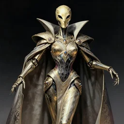 mysterious masked droid, vogue poses, phyrexian god, beautiful futuristic cape, elegant, ornamental armor, intricate, in the style of moebius